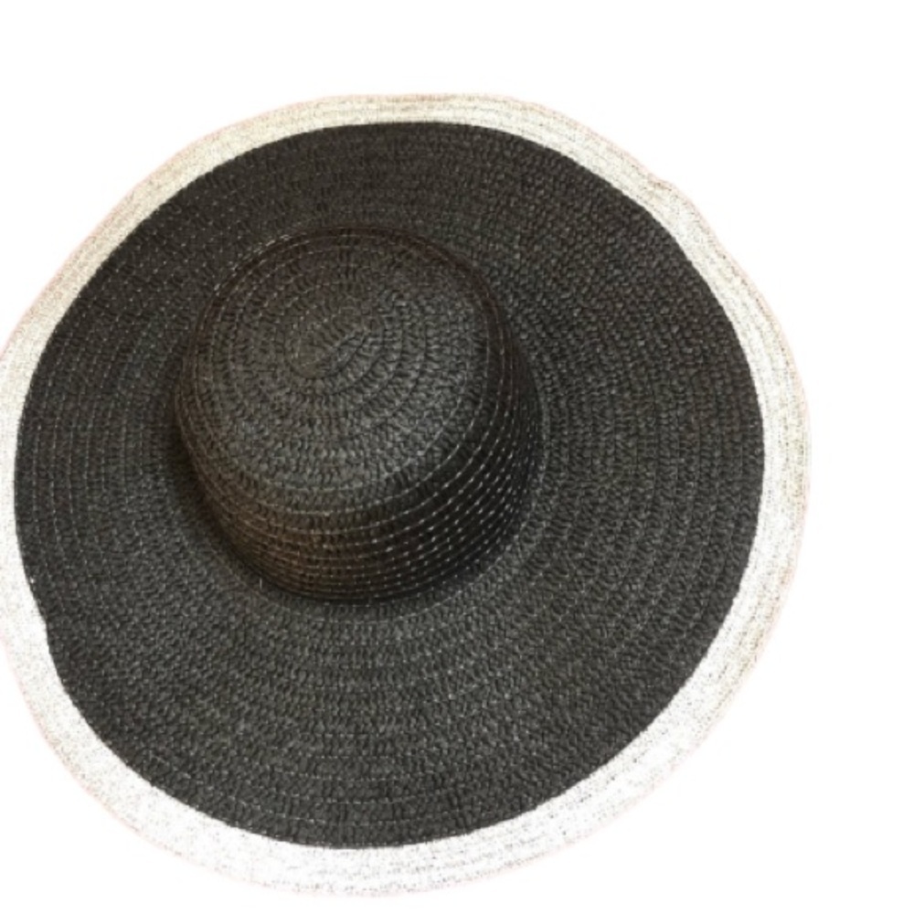 Chatties black wide brim beach hat with silvery white trim